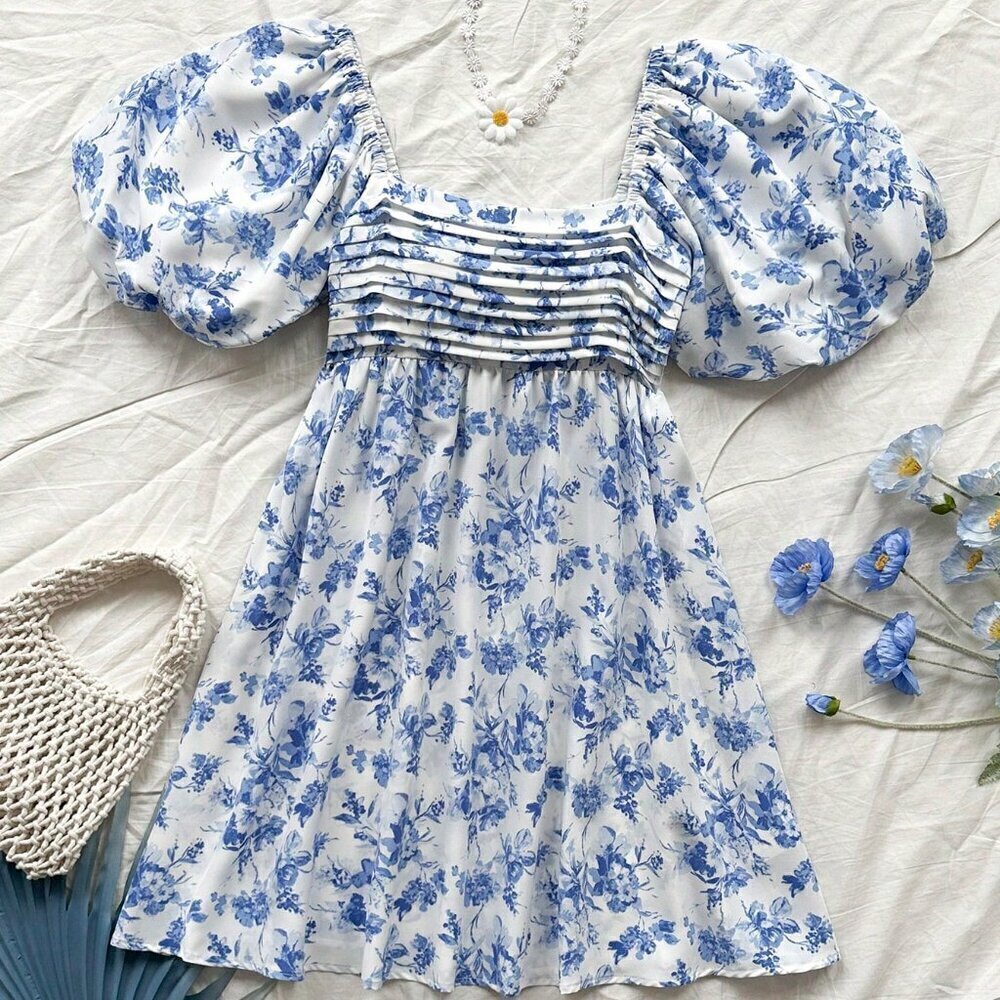 Blue and White Boho Women's Holiday U-Neck Bubble Sleeve A-Line Floral Dress